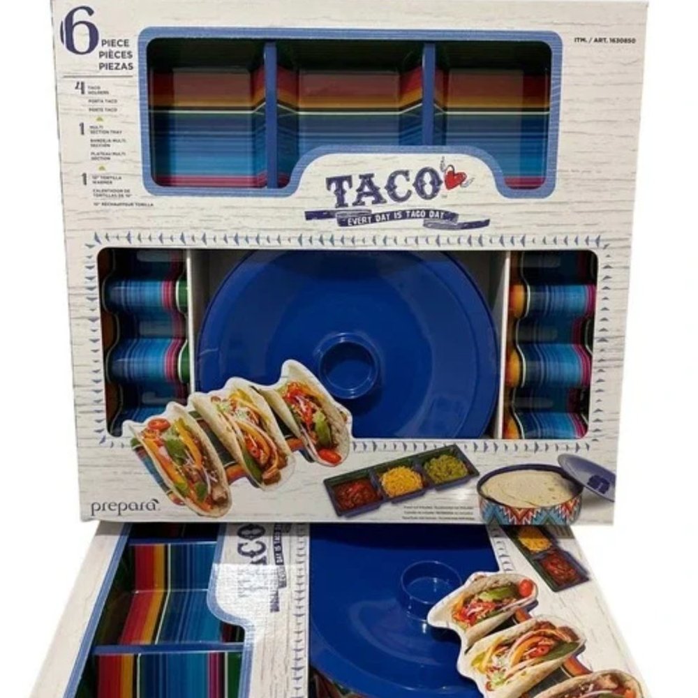 Taco set with 4 taco holders , 1 tortilla warmer , 1 multi section tray New